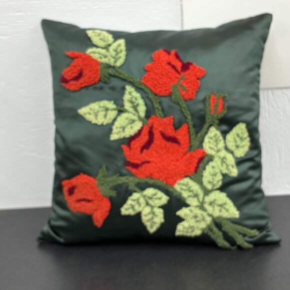Vintage Embroidered Throw Pillow Handcrafted Needlework Roses, Floral - Picture 2 of 8